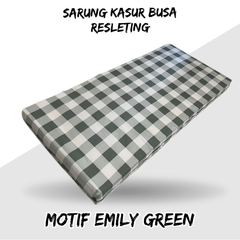 Sarung Kasur Busa Resleting Motif Kotak Hijau / Motif Emily Green / Spray Busa Resleting / Urung Kas