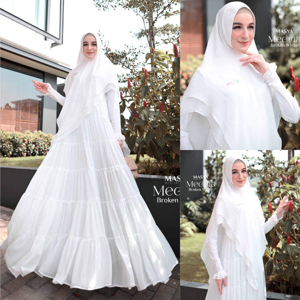 Set Gamis Dress Busui Friendly Ceruty Babydoll Premium Syari Branded Warna Putih Tulang - Broken Whi