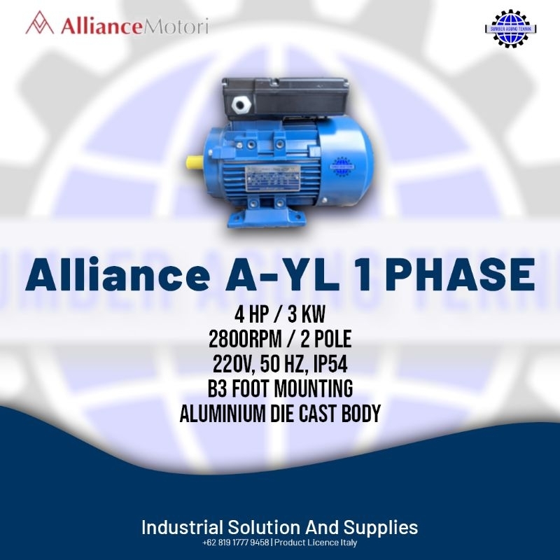 Alliance Dinamo 1 Phase 4 HP 2800rpm -- Electro Motor 3 KW AYL Dual Capasitor B3 Foot