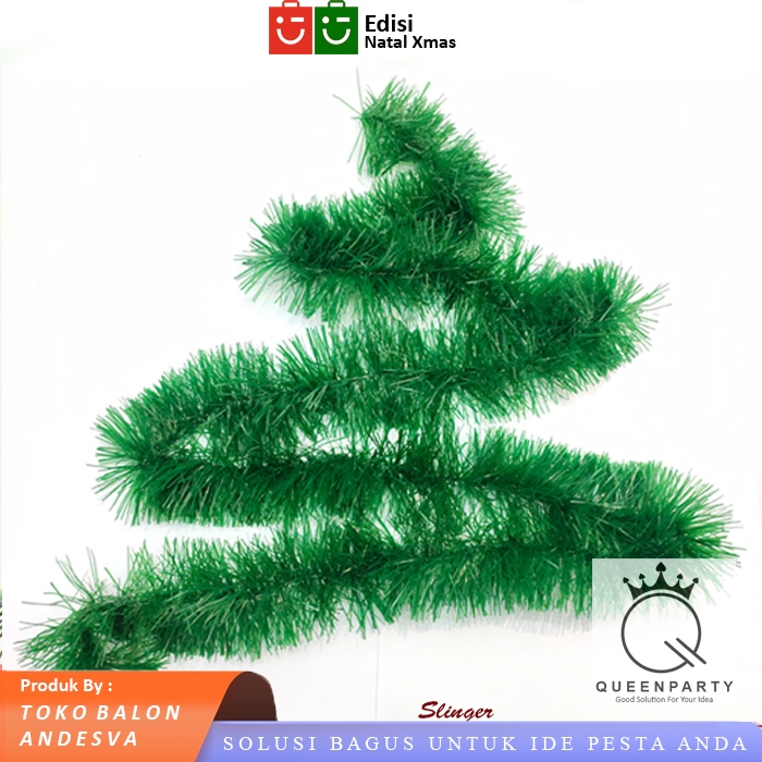 Slinger Natal Hijau tebal 8 cm / Tinsel rumbai hias pohon natal hijau / rumbai rumbai natal