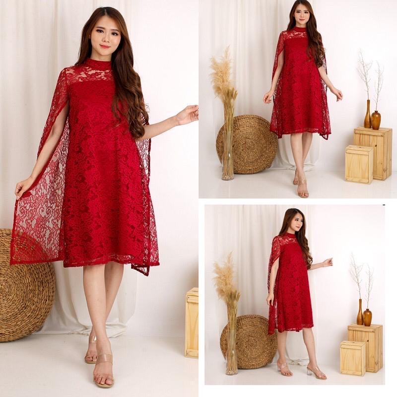 Baju Kondangan Remaja Simple Baju Pesta Wanita Gaun Brukat Lengan Batwing Model Tangan Kelelawar Leb