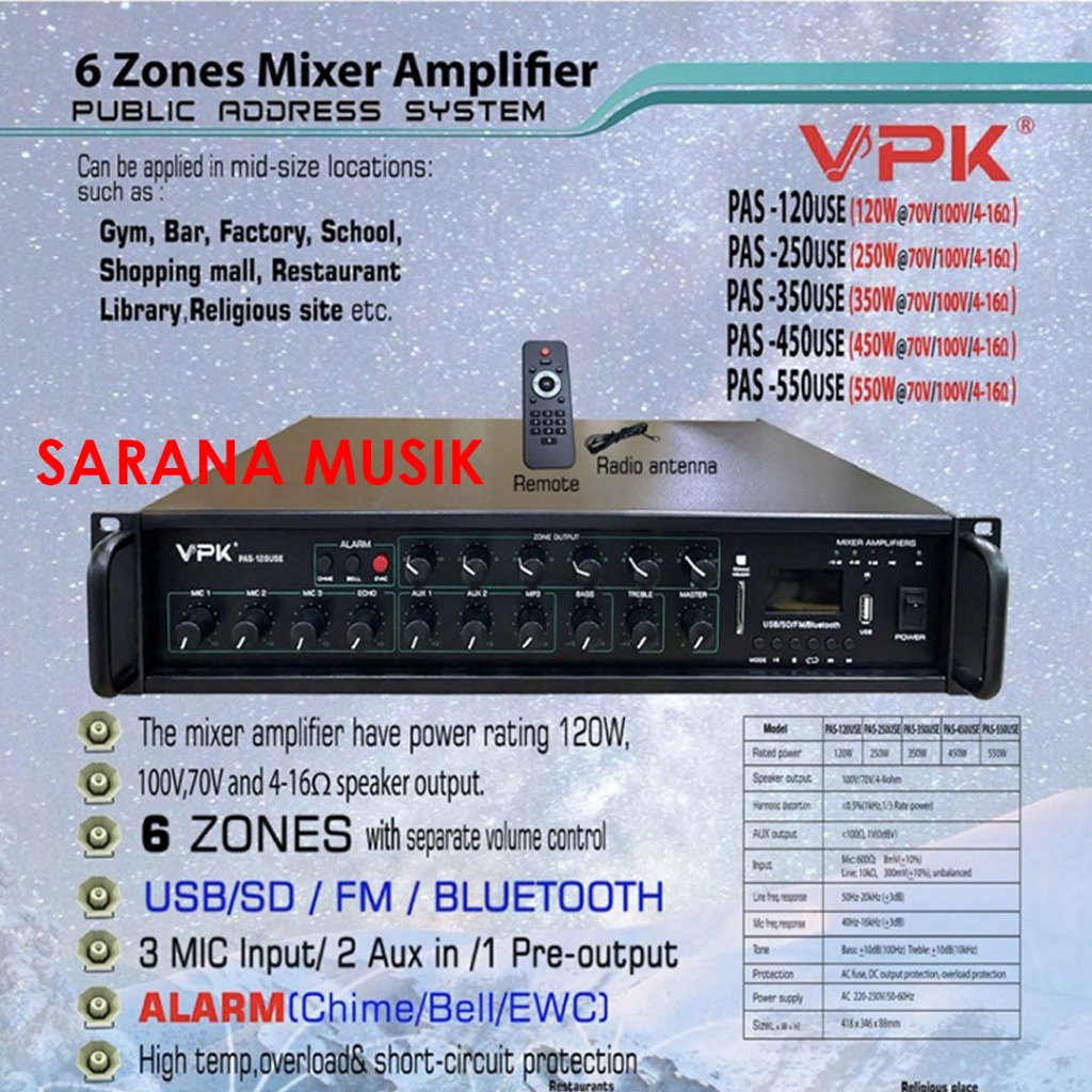 Mixer Amplifier VPK PAS 550 USE VPK PAS550USE VPK PAS-550USE 550W USB BT 6 Zones Original
