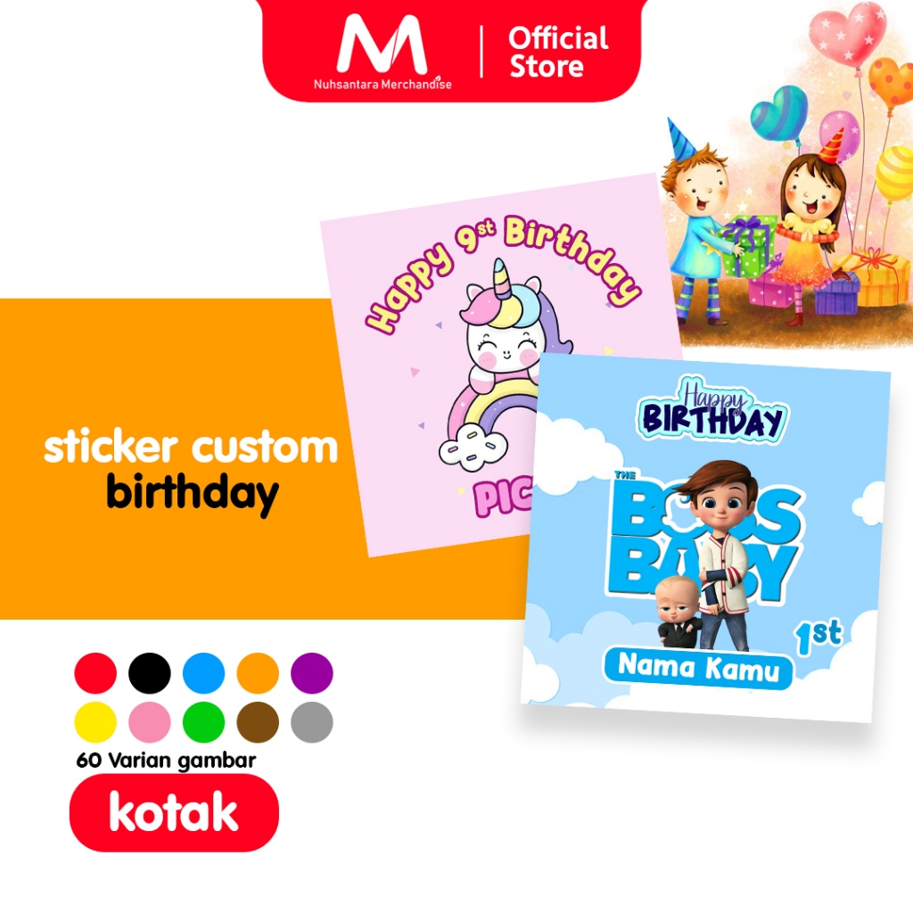 

[BACA DESKRIPSI] Stiker Chromo Cetak Stiker Ulang Tahun Anak Kotak | Sticker Happy Birthday Custom Desain Template