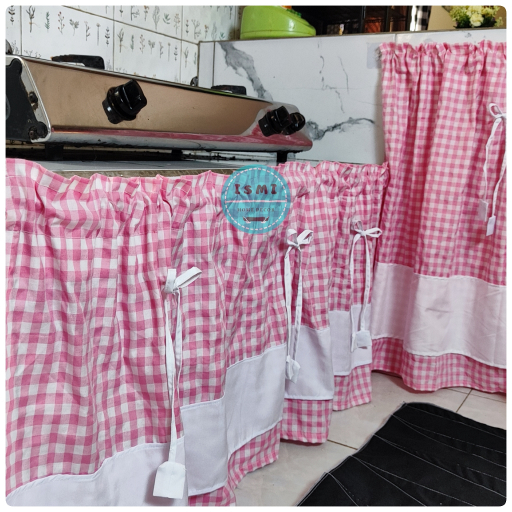 Gorden / Tirai KOLONG Dapur PITA LIST PUTIH Polos Estetik Minimalis Kotak Gingham KOMBINASI Polos Ca