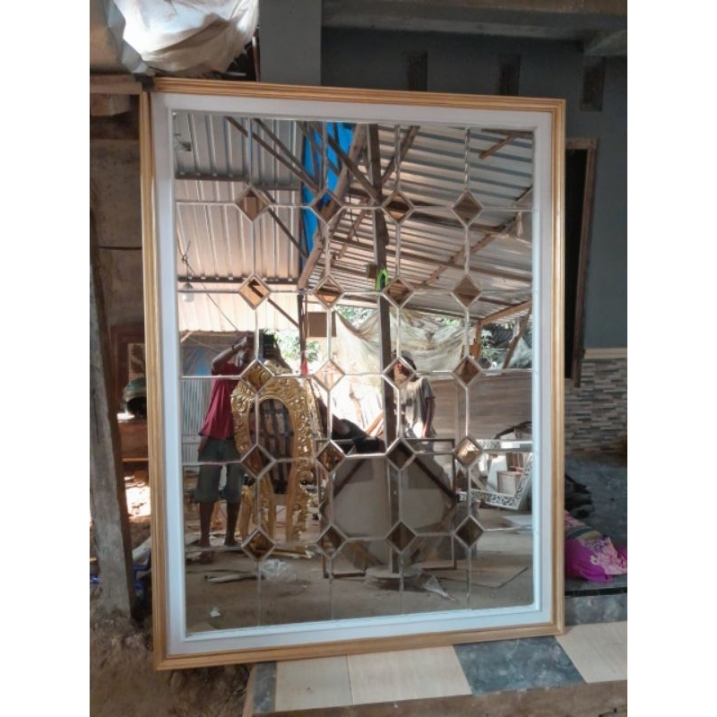 pigura kaca cermin silang bevel model baru
