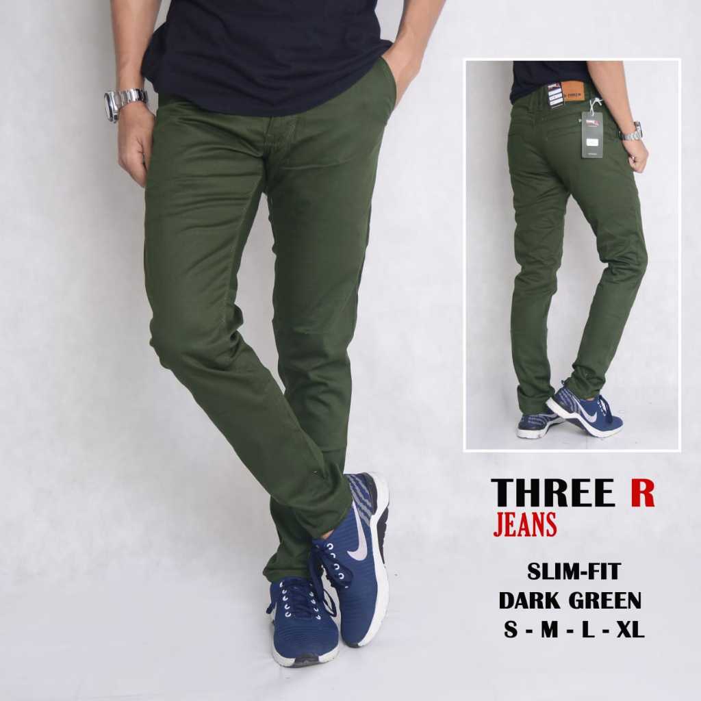 Celana Bahan Pria Chino Slim Fit Panjang Kerja Kantor Santai Liburan Cowok Stretch Melar Hijau Army