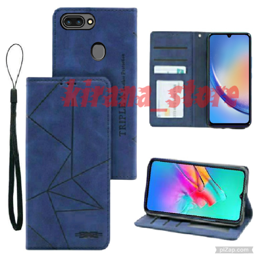 Case Motif Dompet HP Flip Kulit Motif Garis Wallet Cover untuk HP OPPO A12 OPPO A5S OPPO F9 OPPO A7