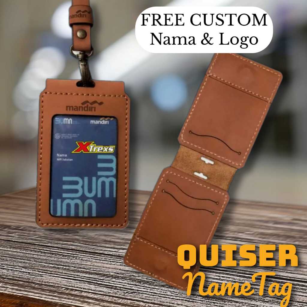 

Name Tag Holder Kulit Asli FREE Custom Nama & Logo - Id Card Magnet 3 Slot Kartu Quiser Nametag