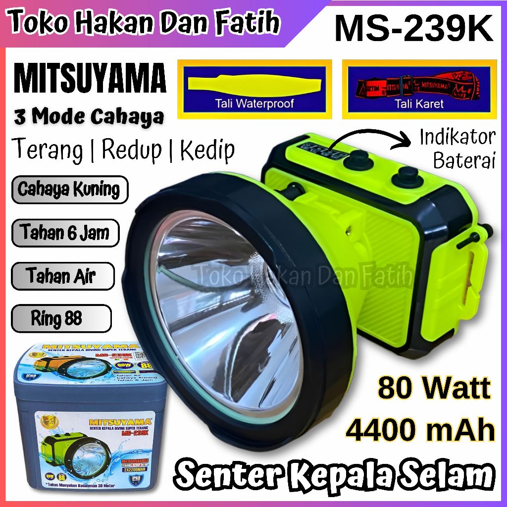 Senter Kepala Selam Mitsuyama MS-239K Anti Air Free Tali Waterproof Kapasitas Batrei 4400mah Cahaya 