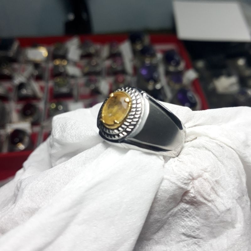 cincin batu permata asli natural yellow sapphire termurah emban ikat ring monel super doff handmade