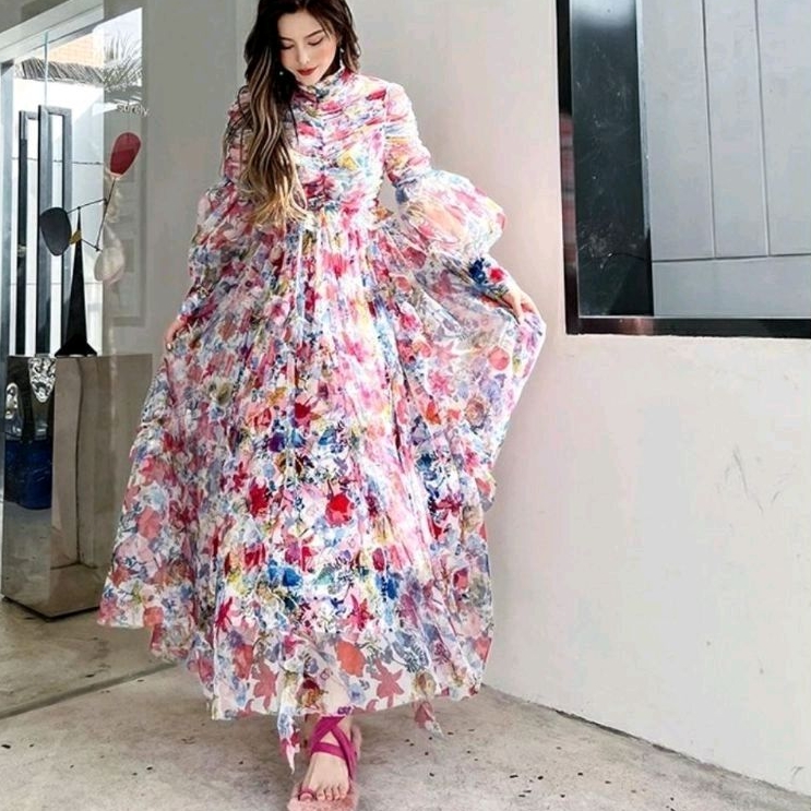 96620 Baju Maxidress longdress CALIXTA FLORAL MAXI DRESS lengan panjang Baloon puff dres bunga Korea
