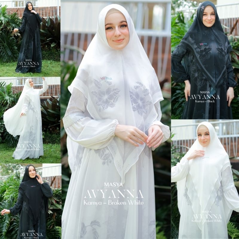 Set Gamis Dress Ceruty Babydoll Printing Premium Syari Hitam - Putih - Broken White - Black Mewah Ma