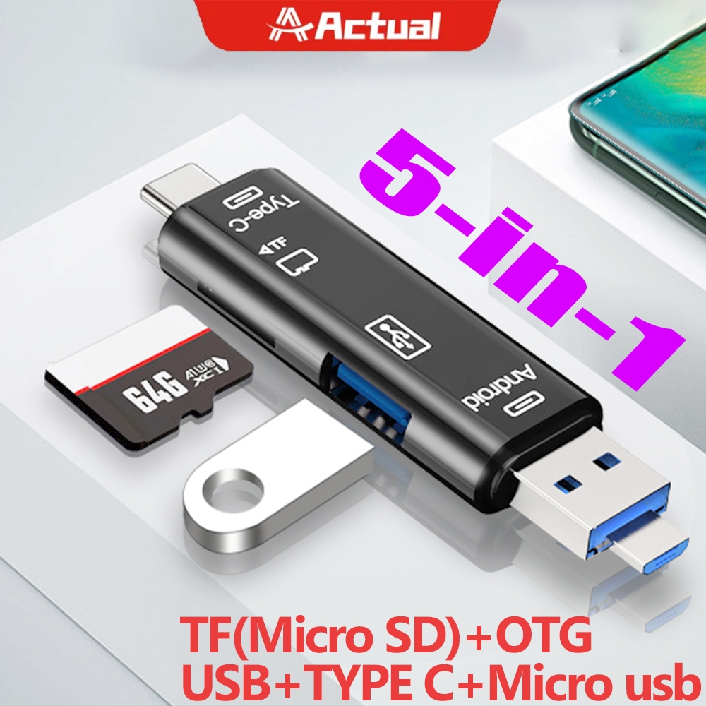 Foto Actual【COD】Card Reader OTG 5 in 1 USB 3.0 Type C Fit For Micro SD/TF/Memory Card /Adaptor/Card Reader/Multifunction/Handphone/Computer/Notbook