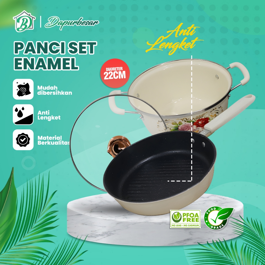 Panci Set Enamel 3 in 1 Tutup Kaca dan Teflon Anti Lengket