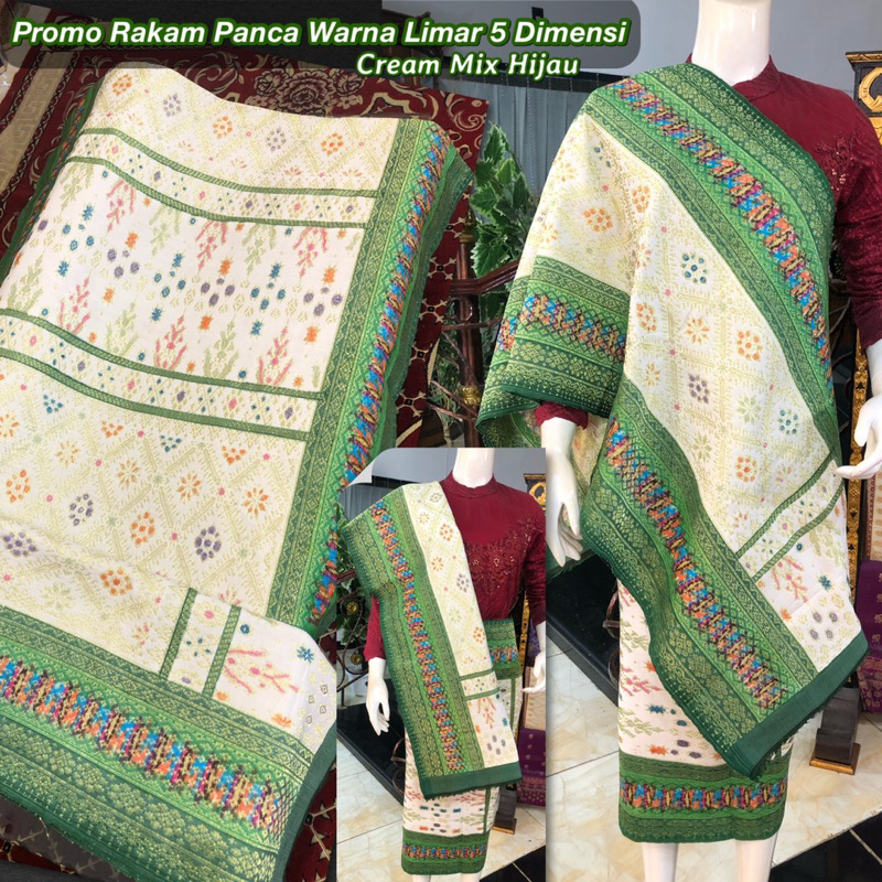 PROMO Songket Panca Warna Limar 5 Dimensi /cream mix Hijau / songket tenun asli palembang /ilham son