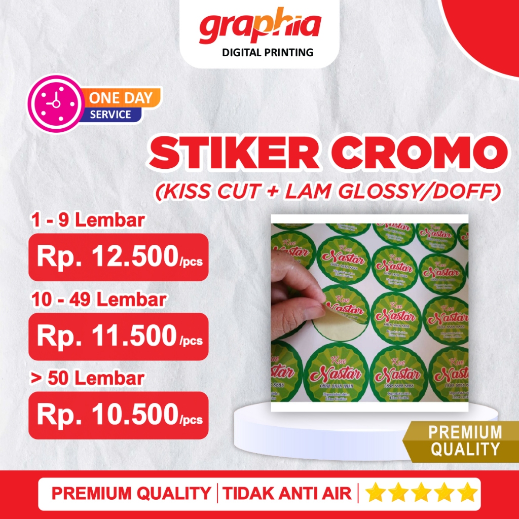 

< PAKET LENGKAP > Print Sticker Cromo + Kiss Cut + Laminasi Glossy / Doff A3+