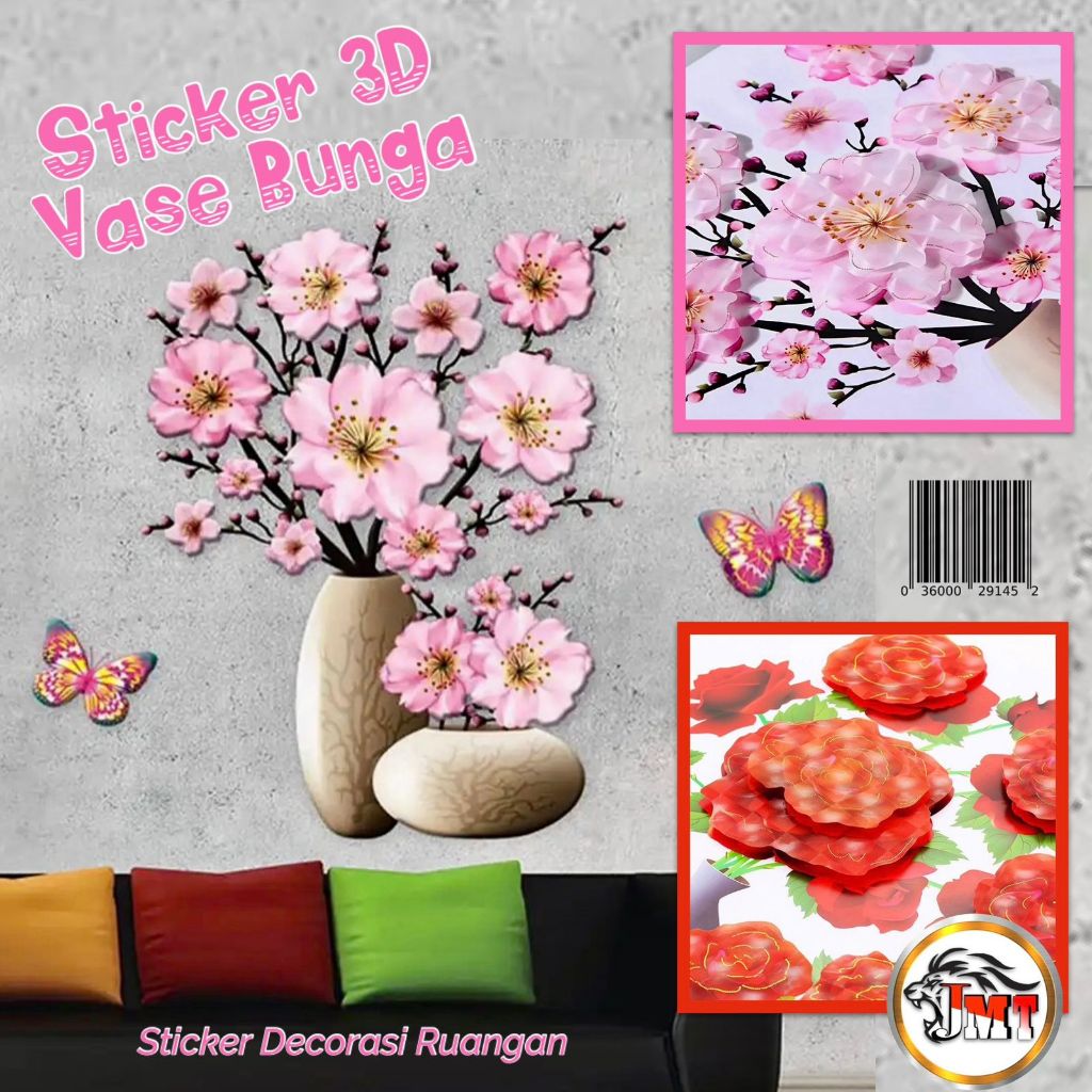 Sticker Vase Bunga Dinding 3D Simulasi / Hiasan Dinding Bunga 3D 30X58 Cm
