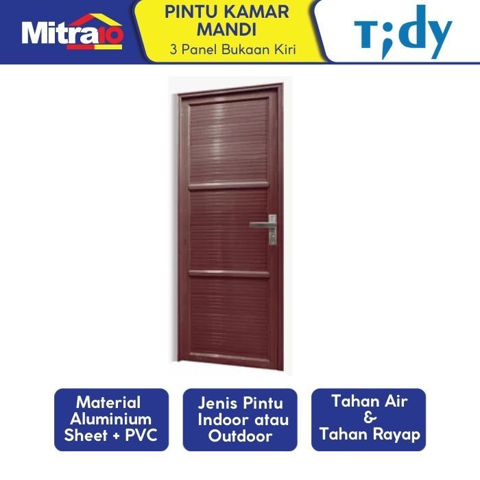 Tidy Pintu Kamar Mandi 3 Panel Aluminium Pvc + Handle Bukaan Kiri 70X200 Cm Coklat (Set)