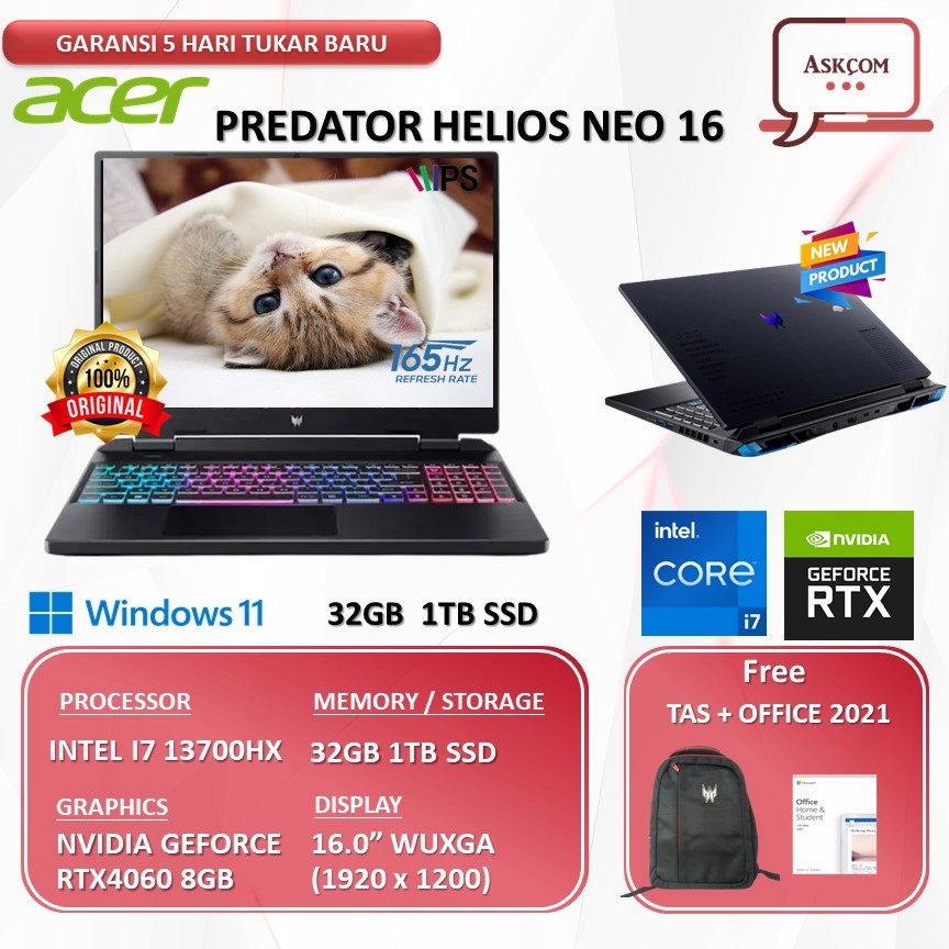 Laptop Gaming Acer Predator Helios Neo 16 I7 13700HX RTX4060 8GB | 32GB 1TB W11 OHS21 16.0WQXGA 165HZ SRGB100 4ZRGB 71.72DN