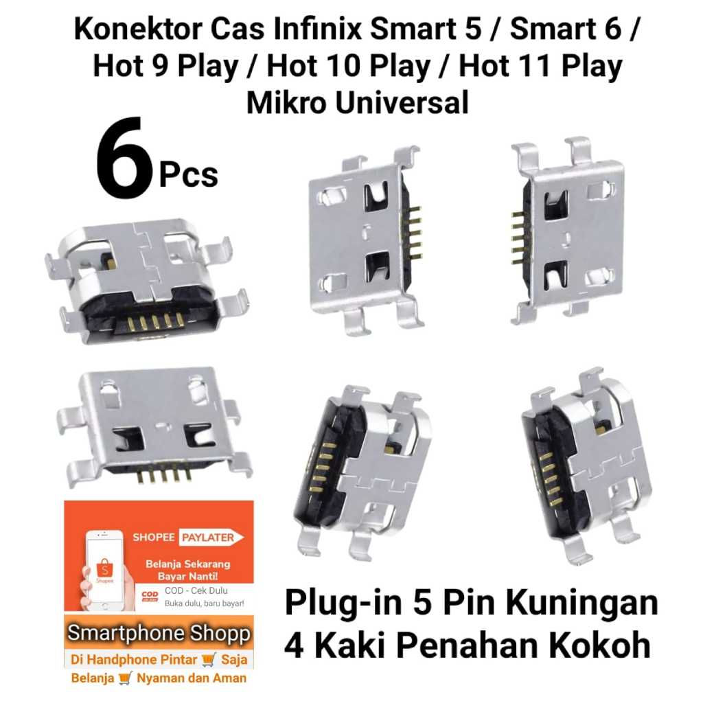 Konektor Cas Infinix Smart 5 / Smart 6 / Hot 9 Play / Hot 10 Play / Hot 11 Play Mikro Universal 5 Pin 4 Kaki Casan Hp Normal Kembali