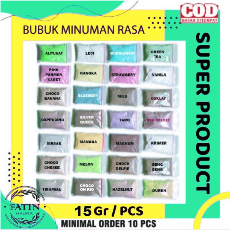 

BUBUK MINUMAN RASA 15 GR/ SERBUK MINUMAN ANEKA RASA/ BUBUK MINUMAN KEKINIAN/ POWDER DRINK