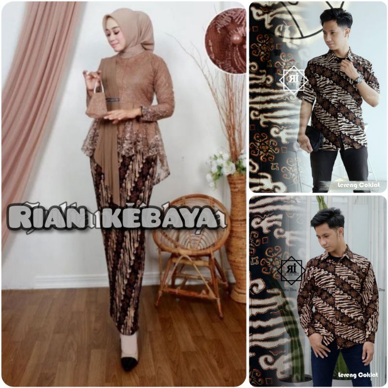 COUPLE BATIK LERENG COKLAT DAN KEBAYA AURORA SELENDANG MOCCA / COUPLE BATIK DAN ROK MODERN / COUPLE 