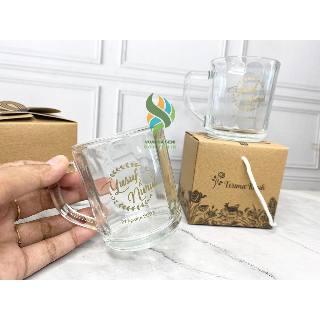 Souvenir Gelas Cup Kopi Gagang Kaca Cangkir Minum 200ml Tumbler Mug Beling Sablon Kemas Paper Box