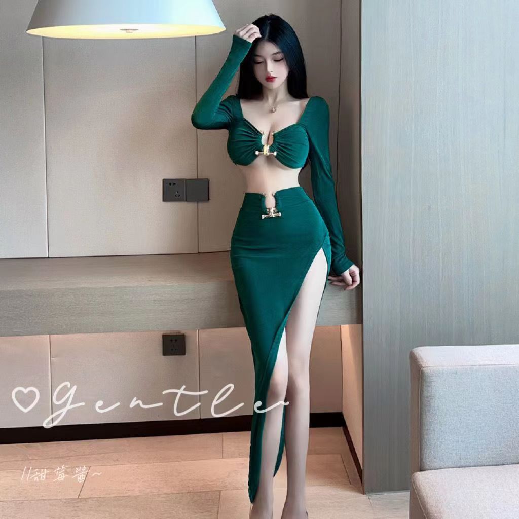𝐑𝐄𝐀𝐃𝐘 𝐒𝐓𝐎𝐂𝐊 𝐒𝐀𝐅 - GIGI green set crop top long sleeve + skirt woman premium / setelan crop top lenga