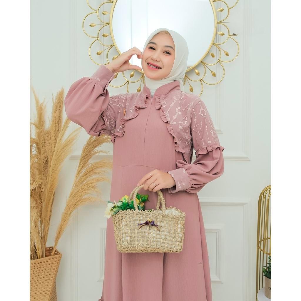 Gamis KHALILA Terbaru Bahan Crinkle Mix Brukat Tulle Bordir Import