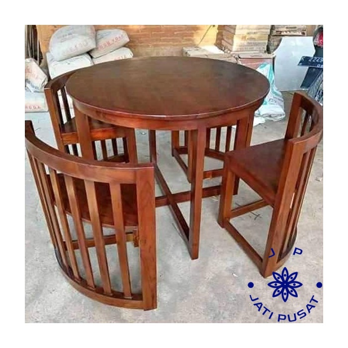 Meja makan bundar minimalis kayu jati 4 kursi
