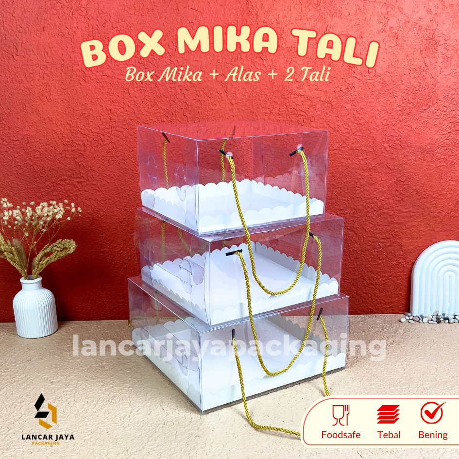 

Box Mika Tali Kotak Kemasan Kue Tart Pudding Bolu Chiffon Roti Cake Hampers Kado 20x20x12 20x20x16 22x22x12 22x22x16 25x25x12 25x25x15 cm