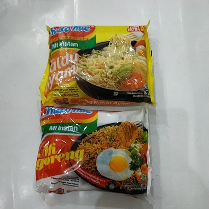 

Mie indomie instan. kaldu ayam75g. goreng 85g