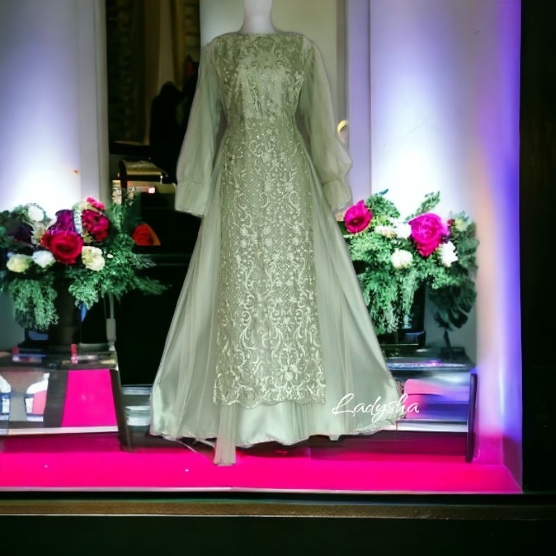 Dress gamis satin silk premium hijau sage