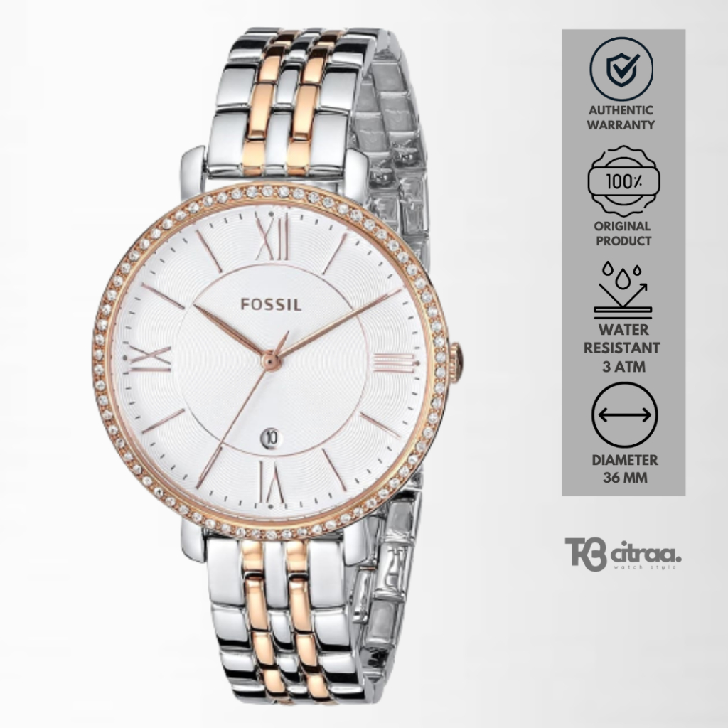 jam tangan fashion wanita Fossil Jacqueline analog strap rantai cewek stainless steel water resistant luxury watch Silver Rosegold mewah elegant Original ES3634