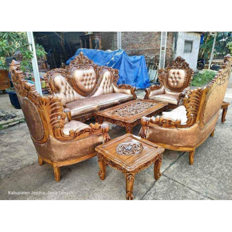 Sofa ruang tamu jati ukir jepara + Meja dan meja mini