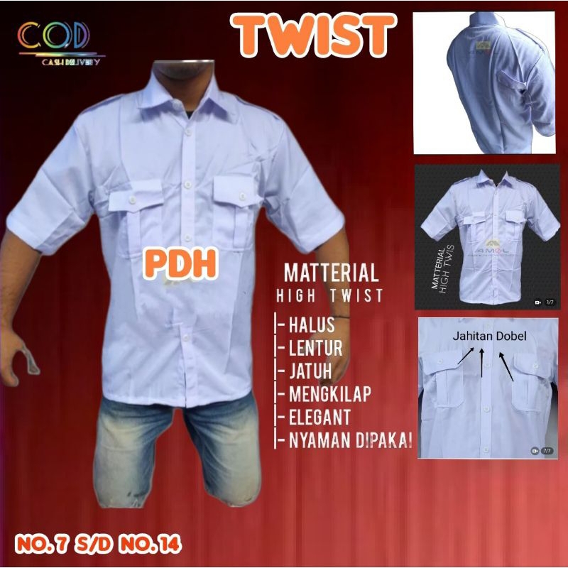 Baju PDH Putih Lengan Pendek, Baju PDH Laki Laki Kain High Twist