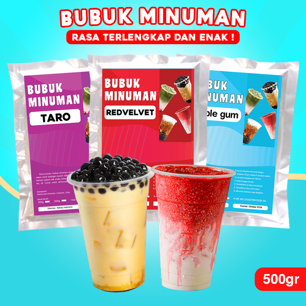 

BUBUK MINUMAN RASA 500G / SERBUK MINUMAN RASA / BUBUK MINUMAN BOBA 500gr / BUBUK MINUMAN KEKINIAN / SERBUK MINUMAN ANEKA RASA 500gr