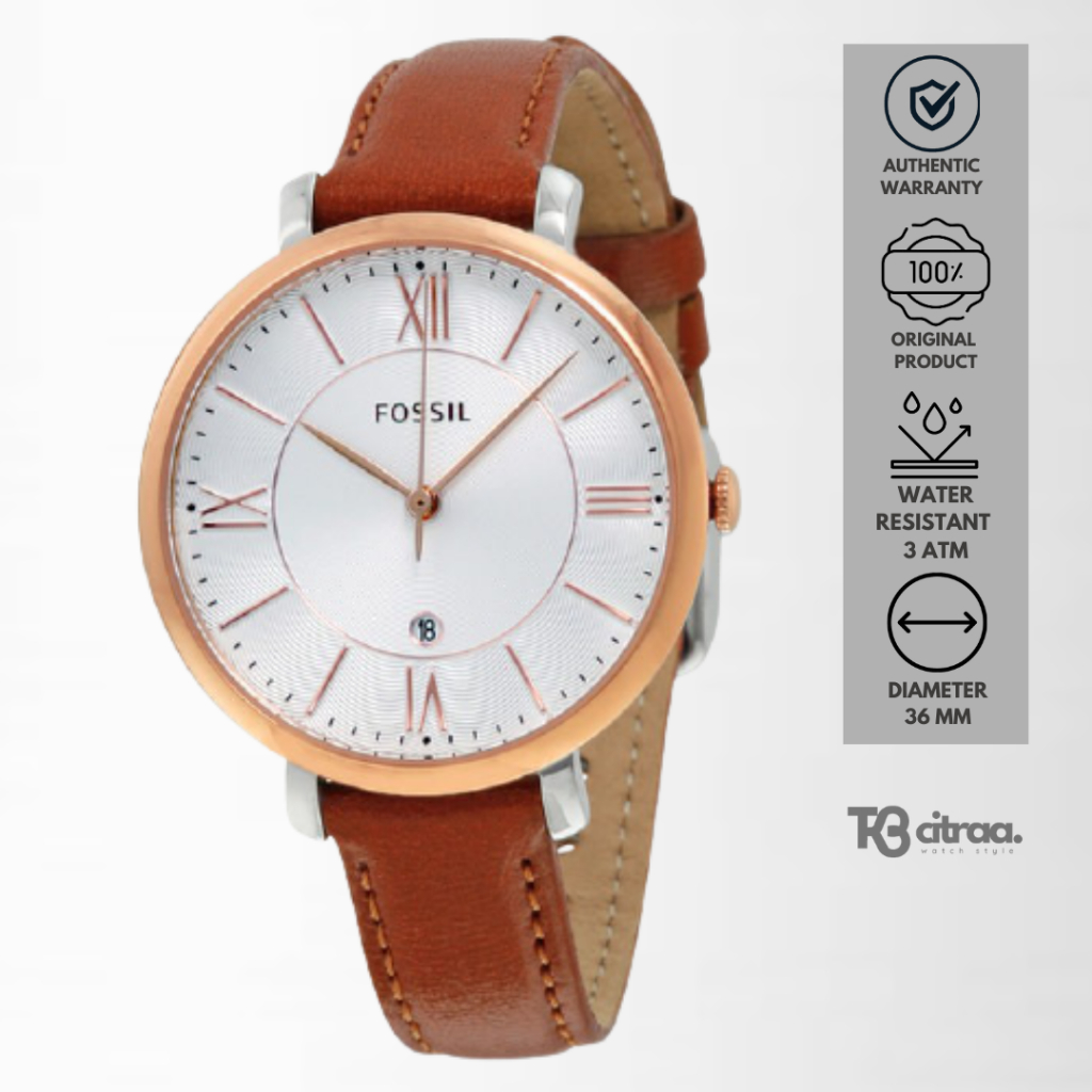 jam tangan fashion wanita Fossil Jacqueline analog strap kulit cewek Brown Leather Strap white dial water resistant casual elegant original ES3842