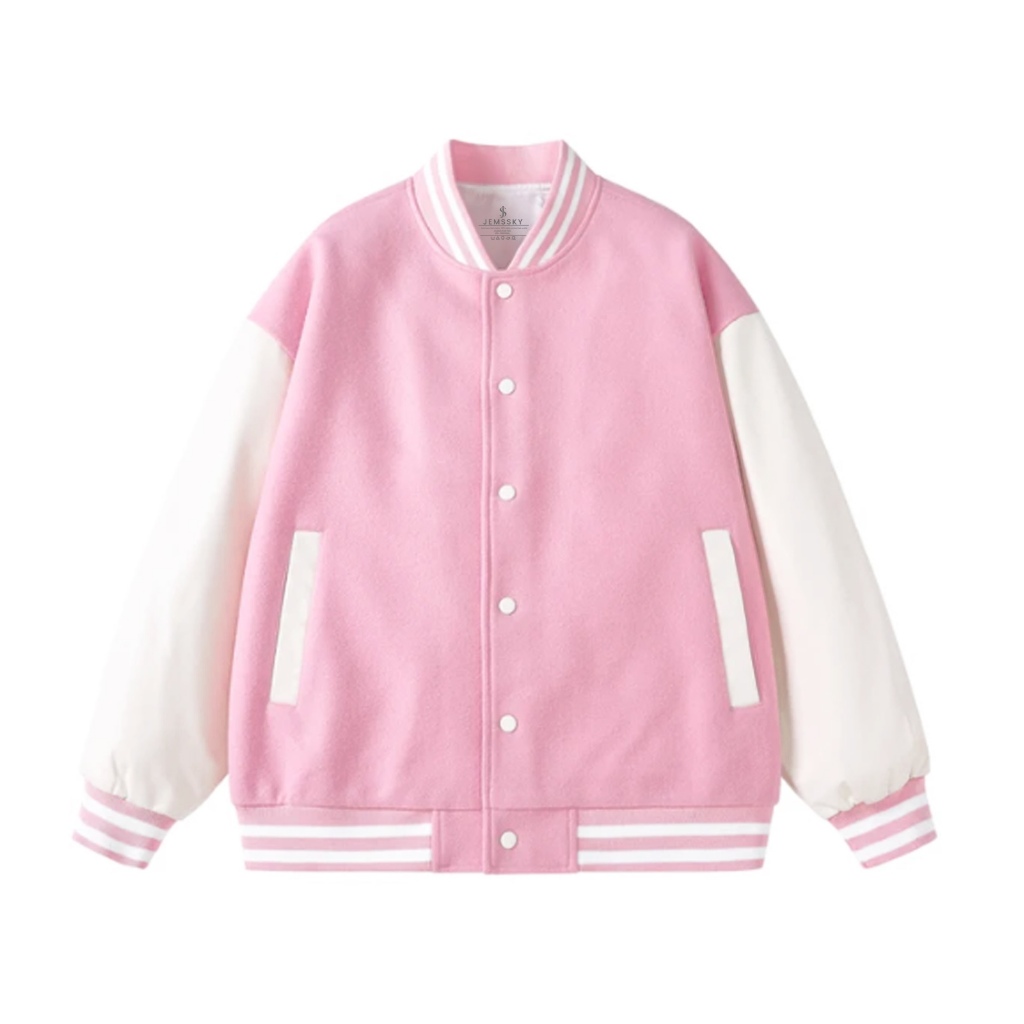 Jemssky Jaket Baseball Polos Pink Putih Distro Unisex