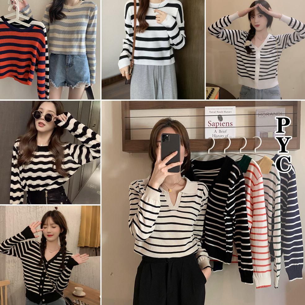 NEW STOCK Sweater Crop Garis-Garis Leher-V Top/Lengan Panjang Sweater Kardigan Atasan Wanita Rajut -