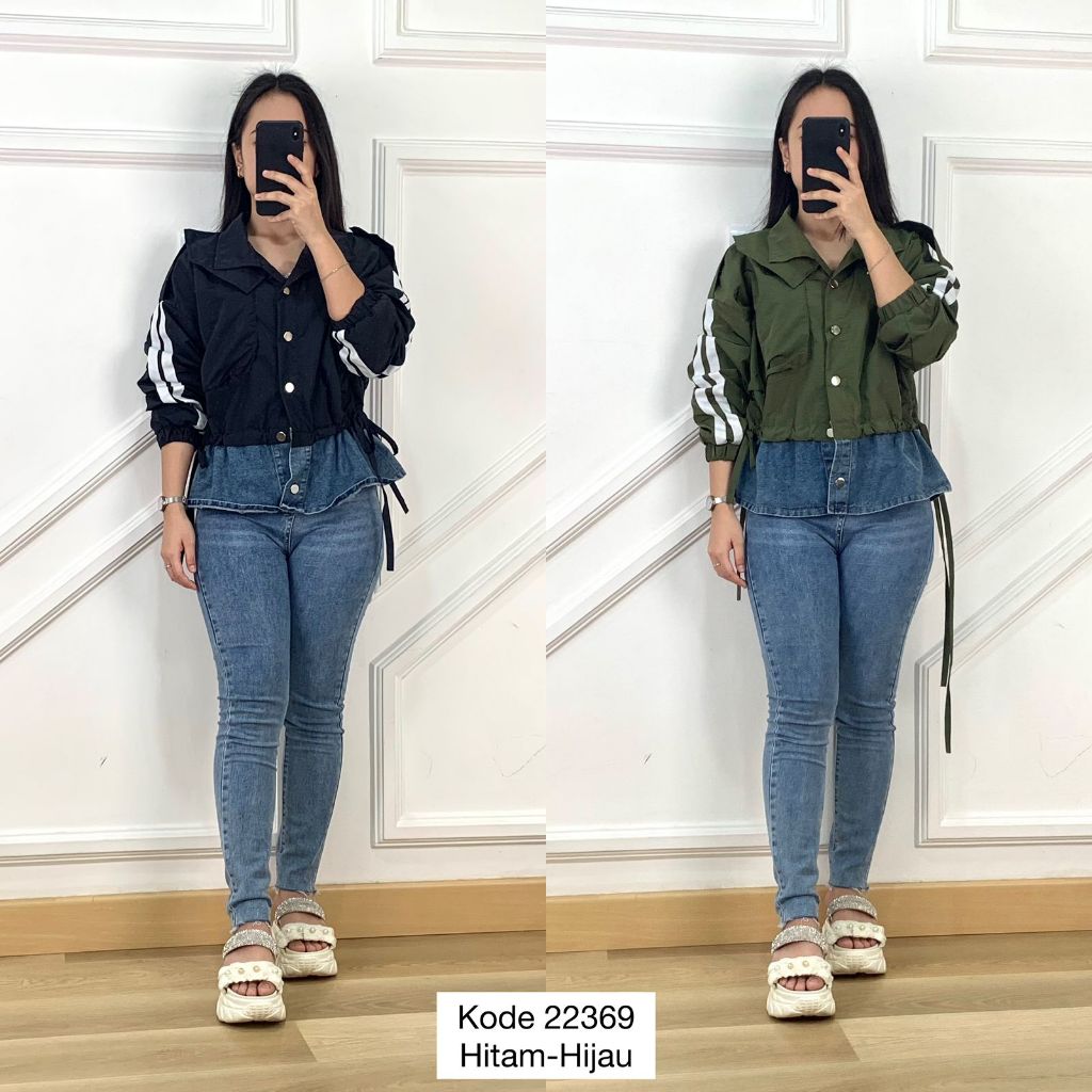 22369 OUTER JAKET PARASUT MIX JEANS  VARIASI PINGGANG SERUT KERAH FULL KANCING KLETEK LIST LINE PUTI