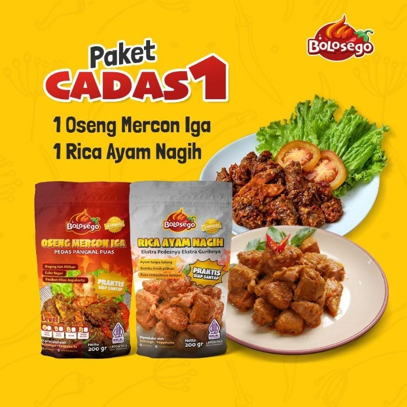 

PAKET CADAS 1 (1 PACK OSENG MERCON IGA + 1 PACK RICA AYAM NAGIH) BOLOSEGO