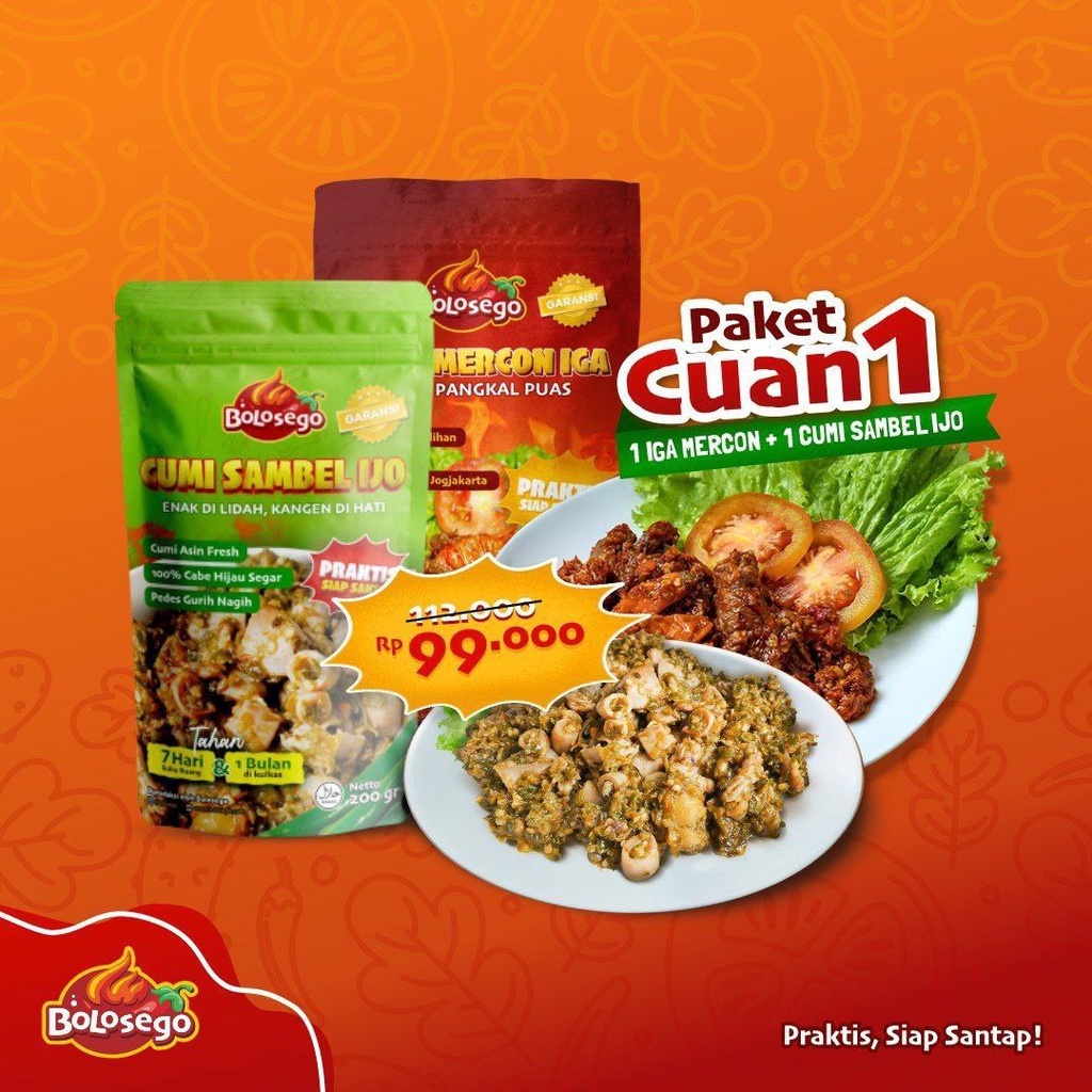

BERGARANSI! PAKET CUAN 1 (1 PACK IGA MERCON + 1 PACK CUMI SAMBEL IJO) BOLOSEGO-@200GRAM-HALAL