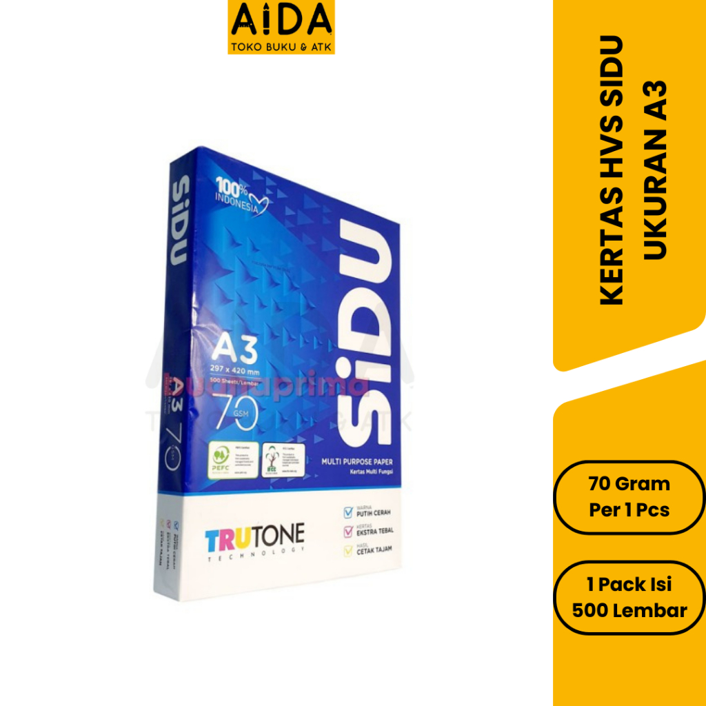 

Kertas HVS SIDU A3 70 gram 1 Rim isi 500 Lembar/ Kertas Fotocopy A3 SIDU Murah