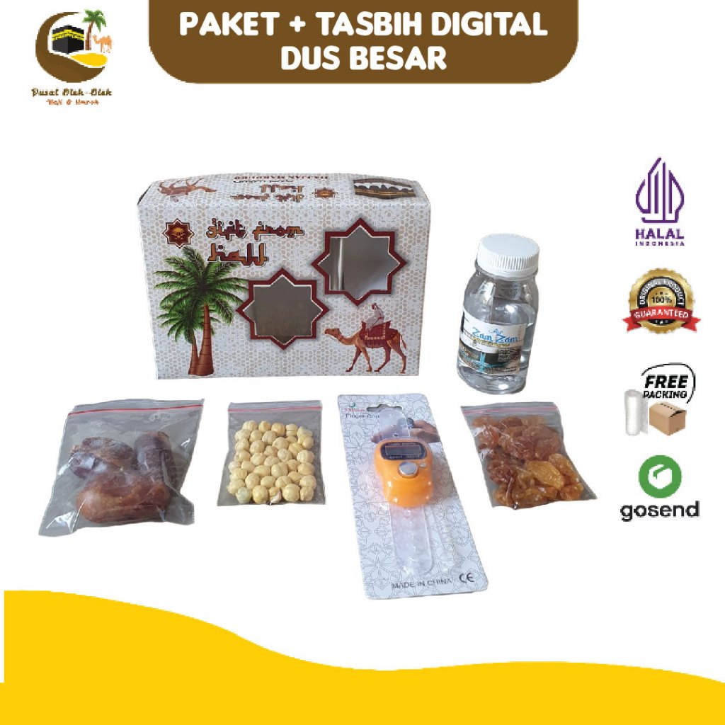 

paket oleh oleh umroh grosir + air zamzam+ botol 80ml+ kurma khalas + kacang arab + tasbih digital