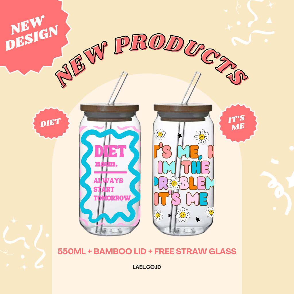 GELAS AESTHETIC KACA TUTUP BAMBOO : GELAS KACA 550ML : GELAS SOUVENIR MURAH : GELAS CUSTOM LUCU UNIK