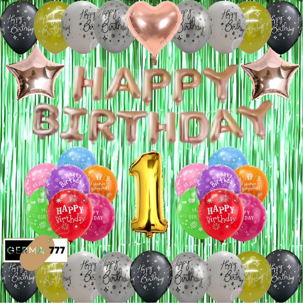 Dekor Ulang Tahun Simple Balon Happy Birthday Dekorasi Hiasan Pesta Ultah Anak Tirai Hijau