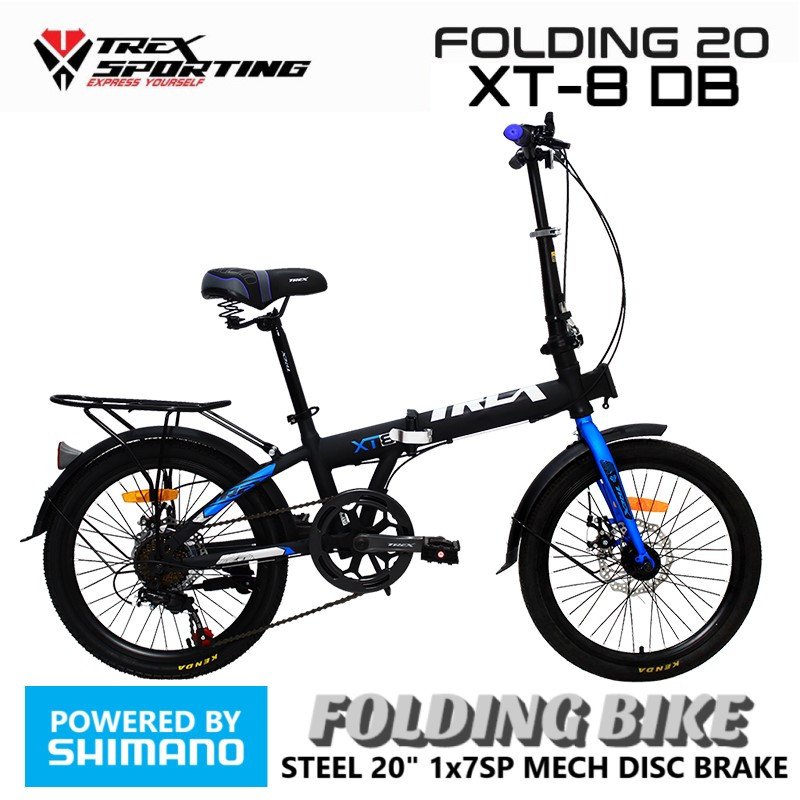 Sepeda Lipat Trex XT8 XT9 DB Steel 1x7 Speed Powered by Shimano Mechanical Disc Brake 20 Inch Foldin