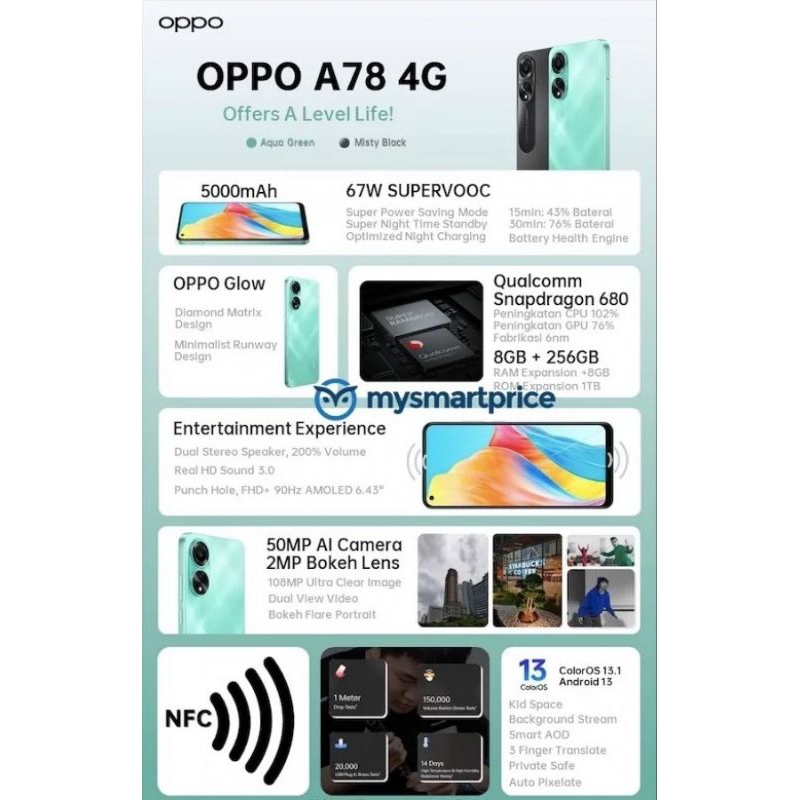 Oppo A78 (NFC) Ram 8+8/256gb Garansi Resmi Oppo New