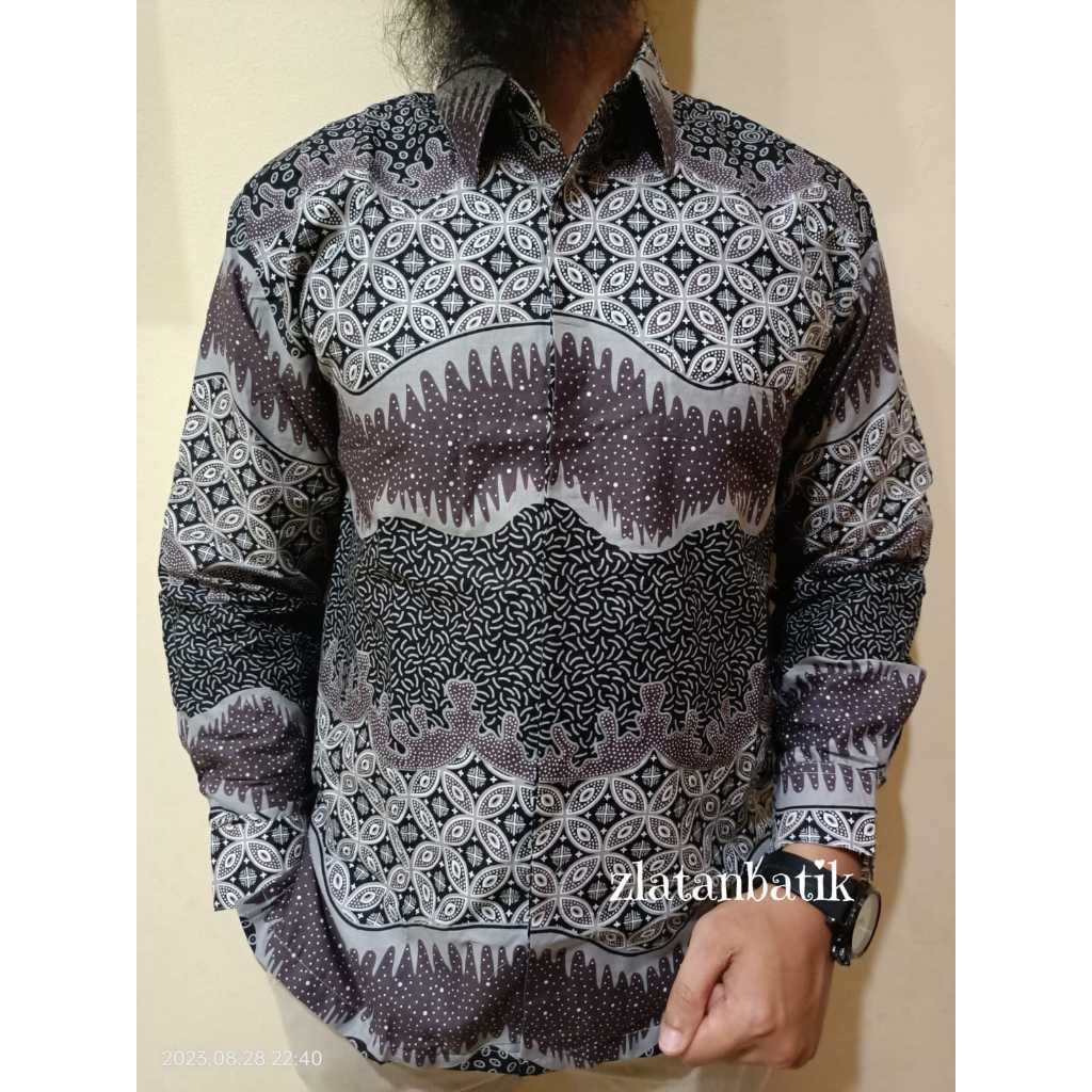 KEMEJA PRIA BATIK KAWUNG CENDOL UNGU KATUN LENGAN PANJANG